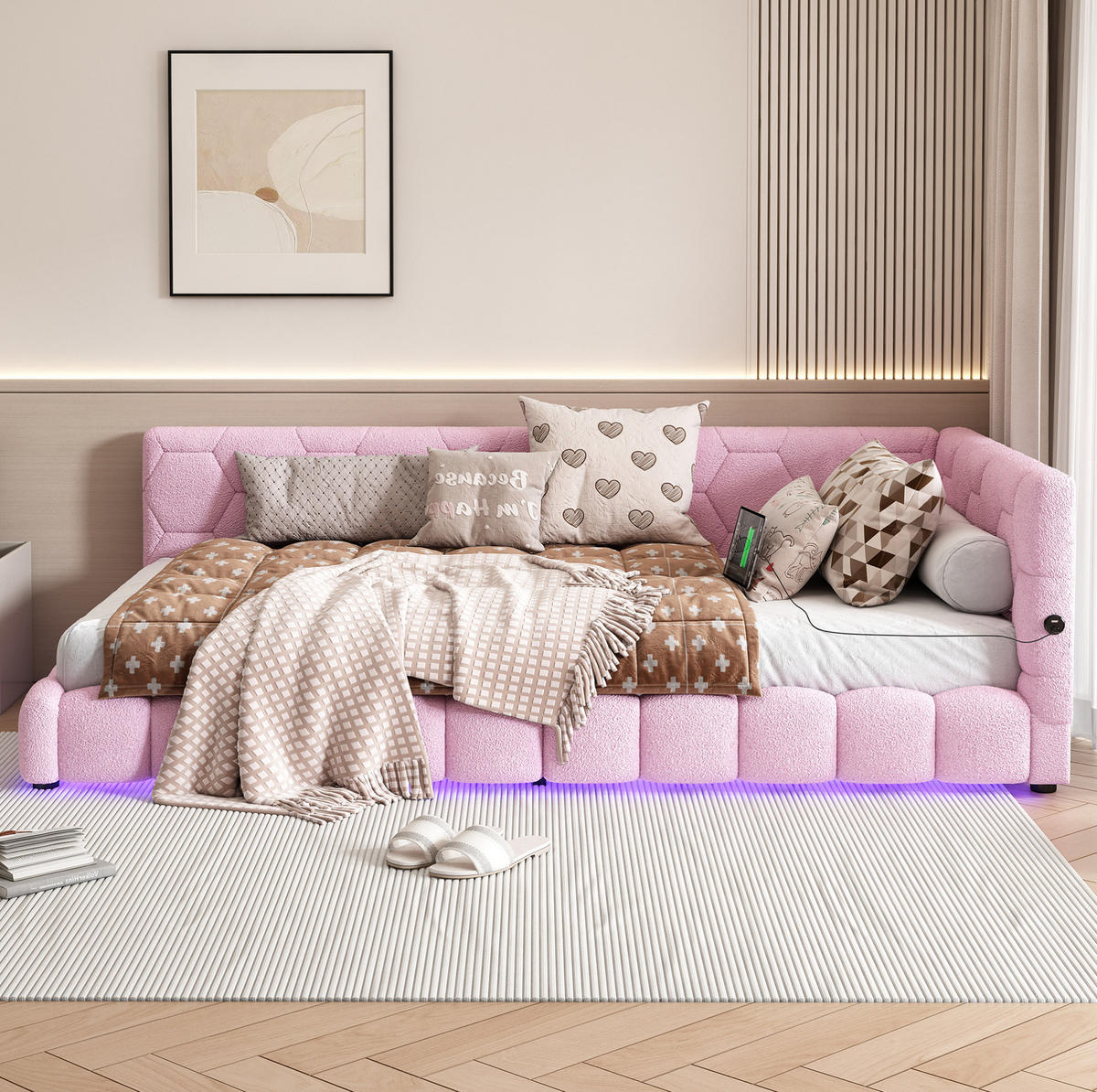 TAGESBETT 90/200 cm mit LED-Beleuchtung, USB- und Typ-C-Anschluss, Vliesimitat, Rosa - Rosa, Textil (90/200cm) - Redom
