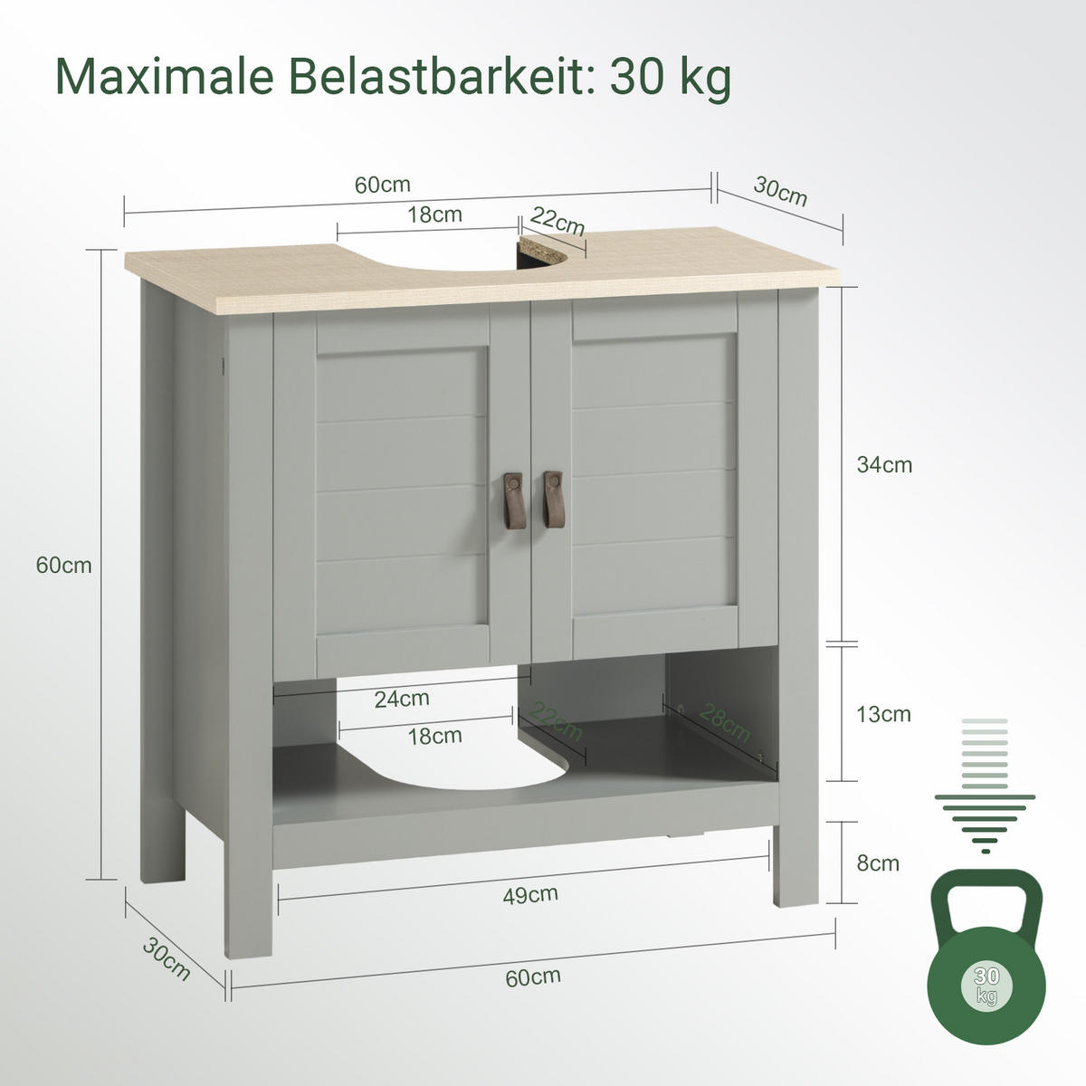 WASCHBECKENUNTERSCHRANK Grau - Grau, Holzwerkstoff (60/60/30cm) - SoBuy