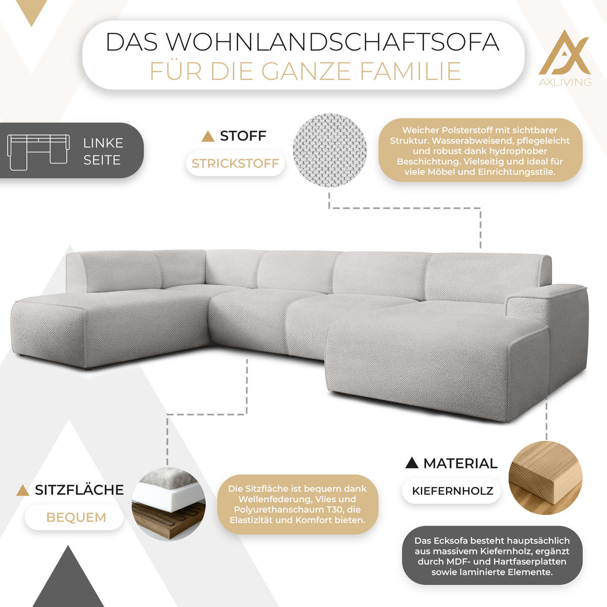 WOHNLANDSCHAFT Didim Beige 378/220/78 cm – großes Sofa stilvoll & bequem L - Beige/Schwarz, Kunststoff/Textil (220/78/378cm) - AX Living