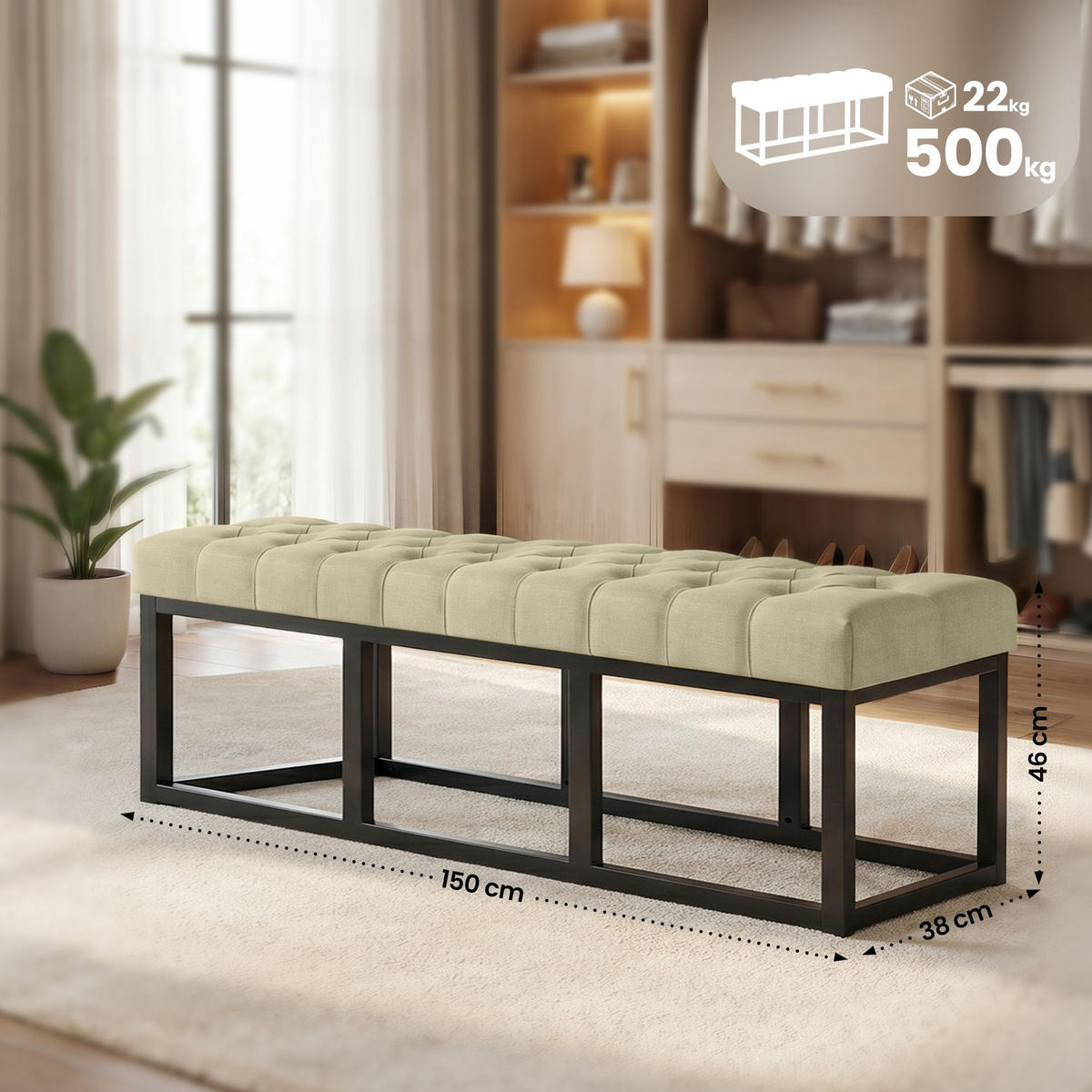 SITZBANK 150/38 cm Stoff Taupe - Taupe/Schwarz, Textil/Metall (150/46/38cm) - CLP