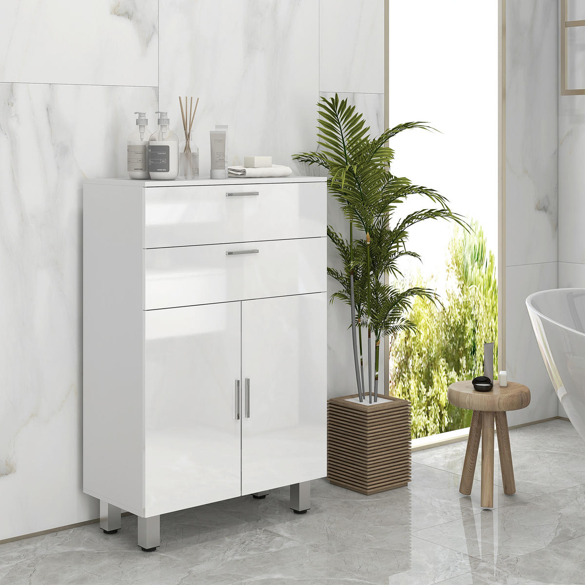 BADEZIMMERSCHRANK mit 2 Schubladen Verstellbares Regal Weiß - Weiß, Holzwerkstoff (30/93/60cm) - Kleankin