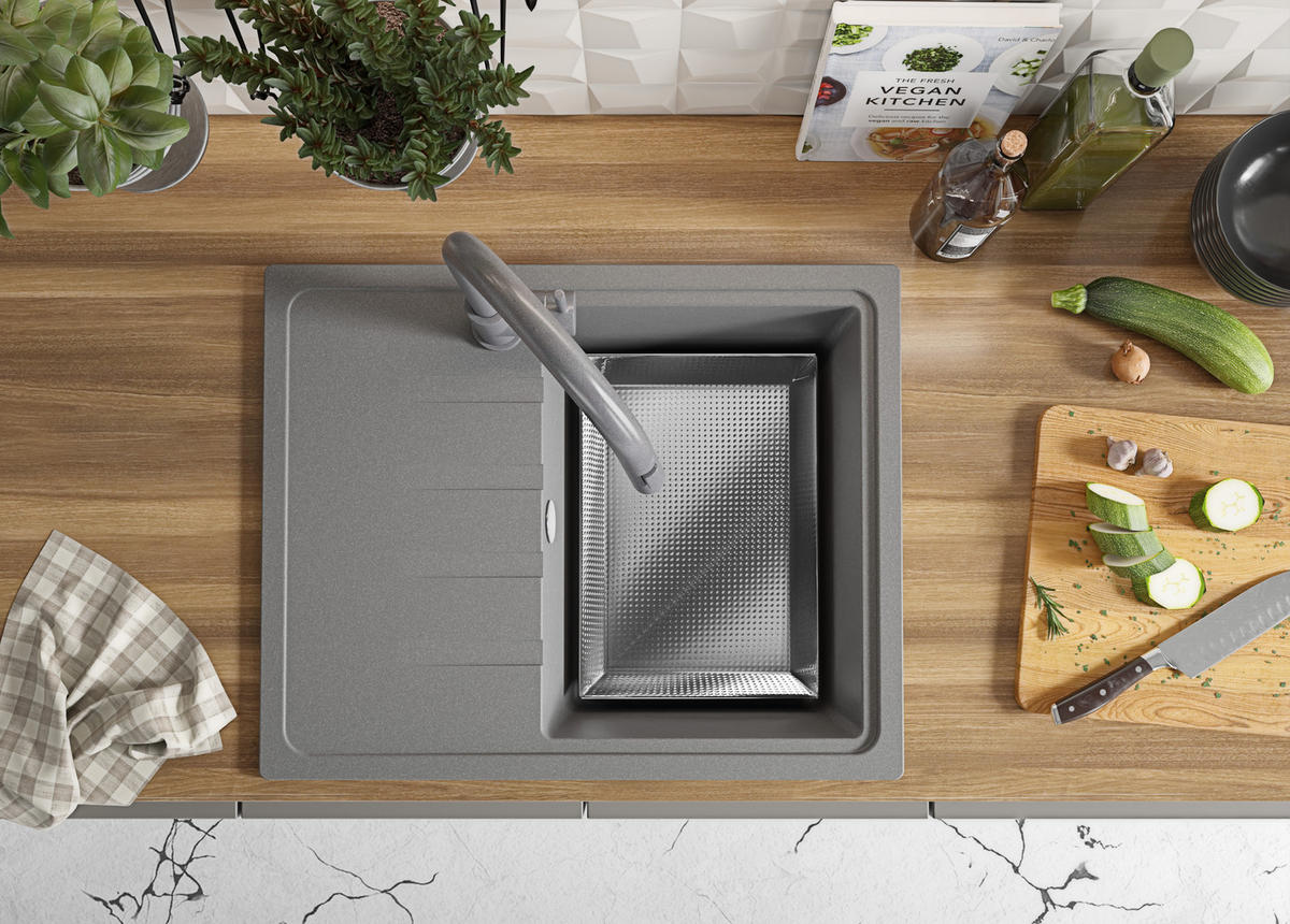 GRANITSPÜLE Mailand, 2-er set Grau 62/50 cm 1 Becken + Küchenarmatur 32/20 cm + Ablauf-Set ab 40er Unterschrank - Chromfarben/Grau, Kunststoff (62/19/50cm) - Primagran