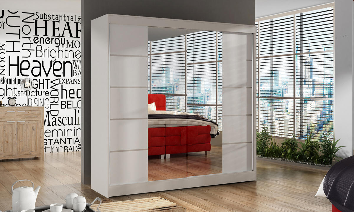 SCHWEBETÜRENSCHRANK Basti V - 200 cm - Weiß, Holzwerkstoff/Metall (200/215/58cm) - Sofnet