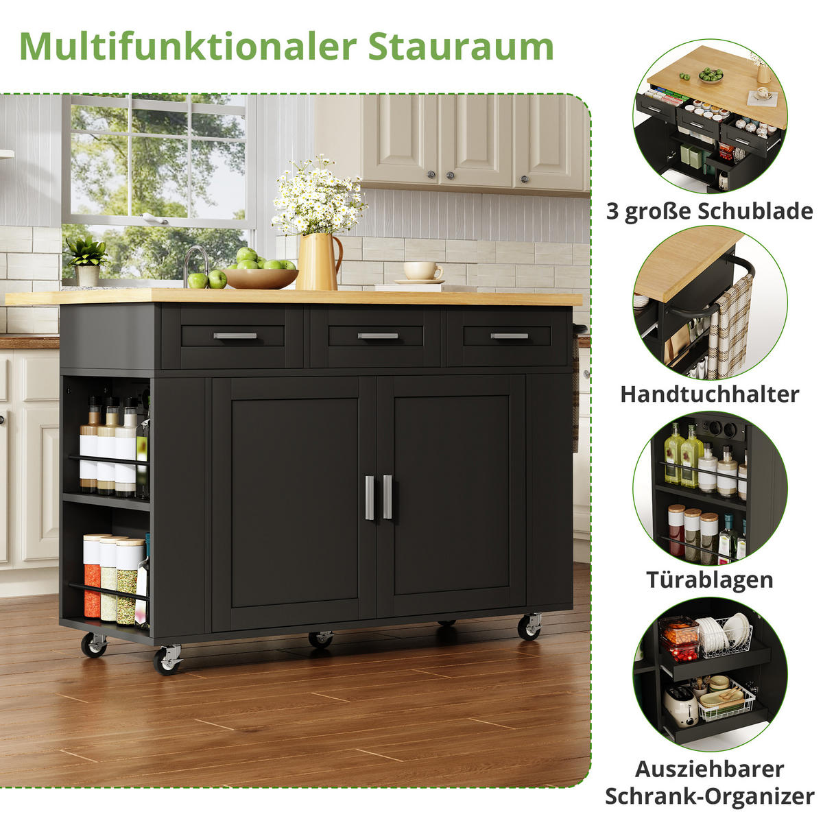 KÜCHENINSEL DE-41393 120/45-70/84 cm, klappbare Arbeitsplatte und Steckdosen Schwarz - Schwarz, Holzwerkstoff (120/84/70cm) - ComfortXL
