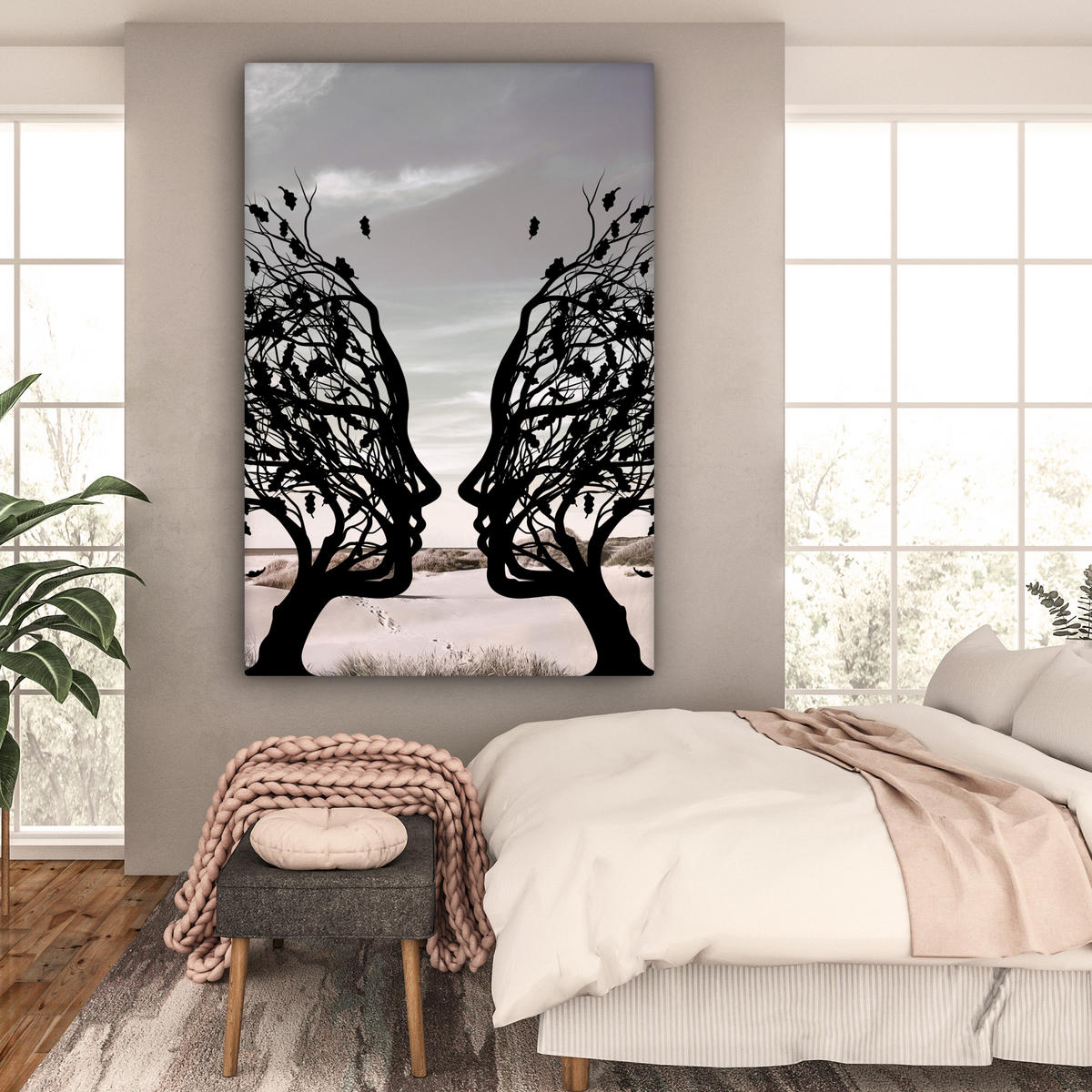 SLIKA NA PLATNU Plaža drevo 90x140 cm - svetlo siva, tekstil (90/140cm) - MuchoWow