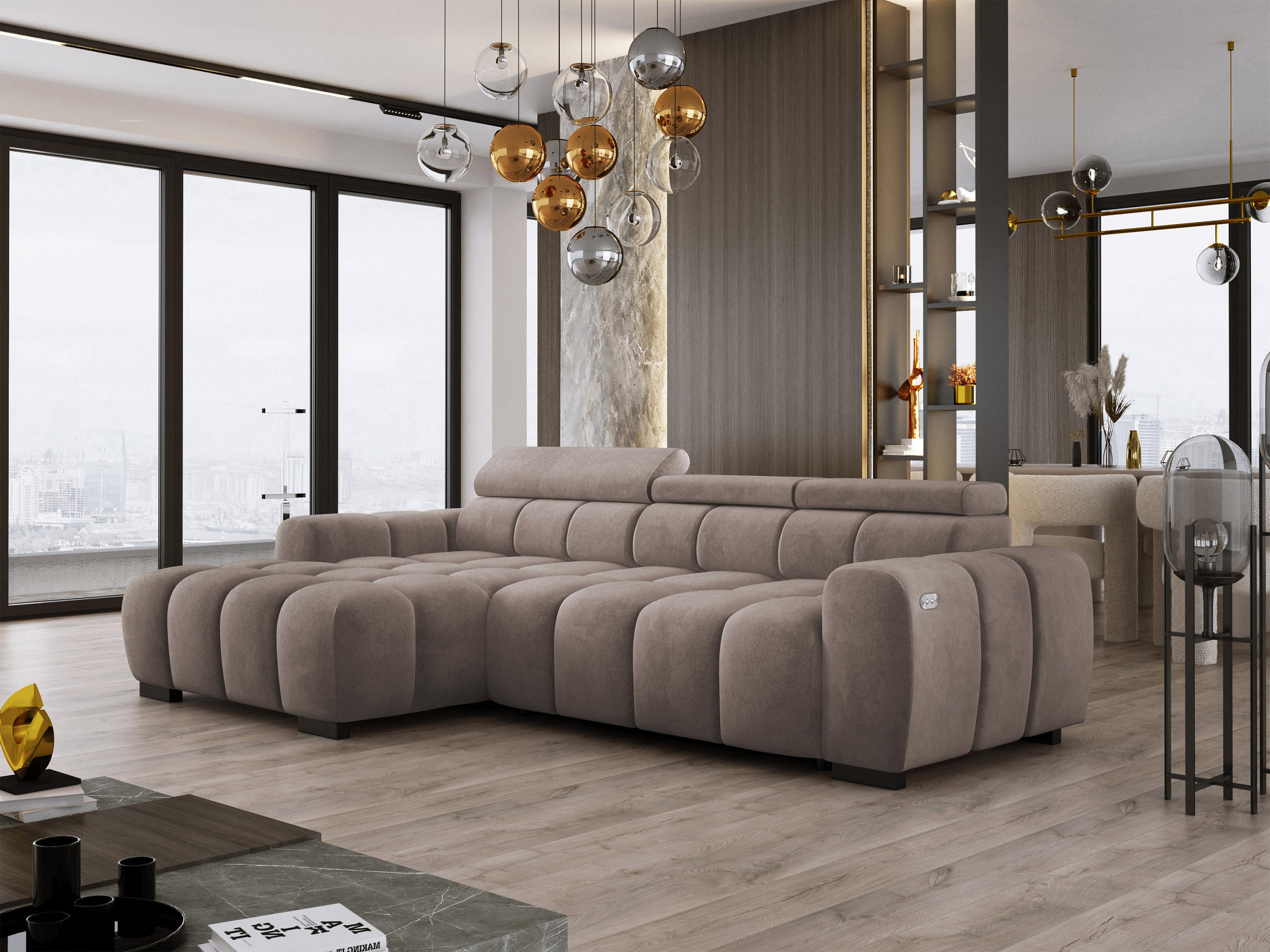 ECKSOFA OMBO 285x168x77/97 cm, Links, Schlaffunktion, elektr. Sitz, Kopfstützen, Buche dunkel, hydrophober SALVADOR-Stoff – Grau - Cappuccino, Holz/Textil (168/285cm) - DomoHome