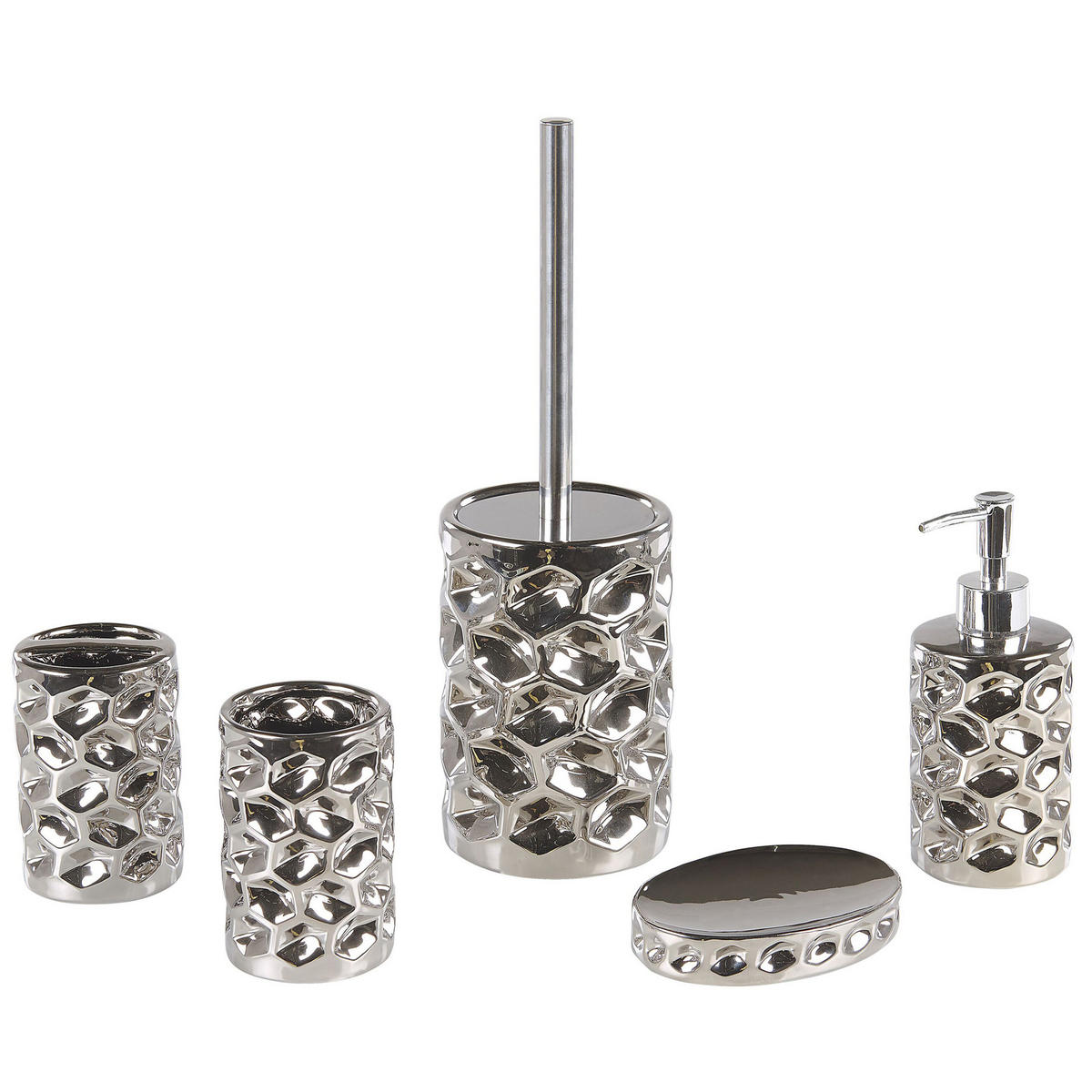 BADEZIMMER Set 5-teilig Keramik silber Tirua - Silberfarben, Keramik (13/34/11cm) - Beliani