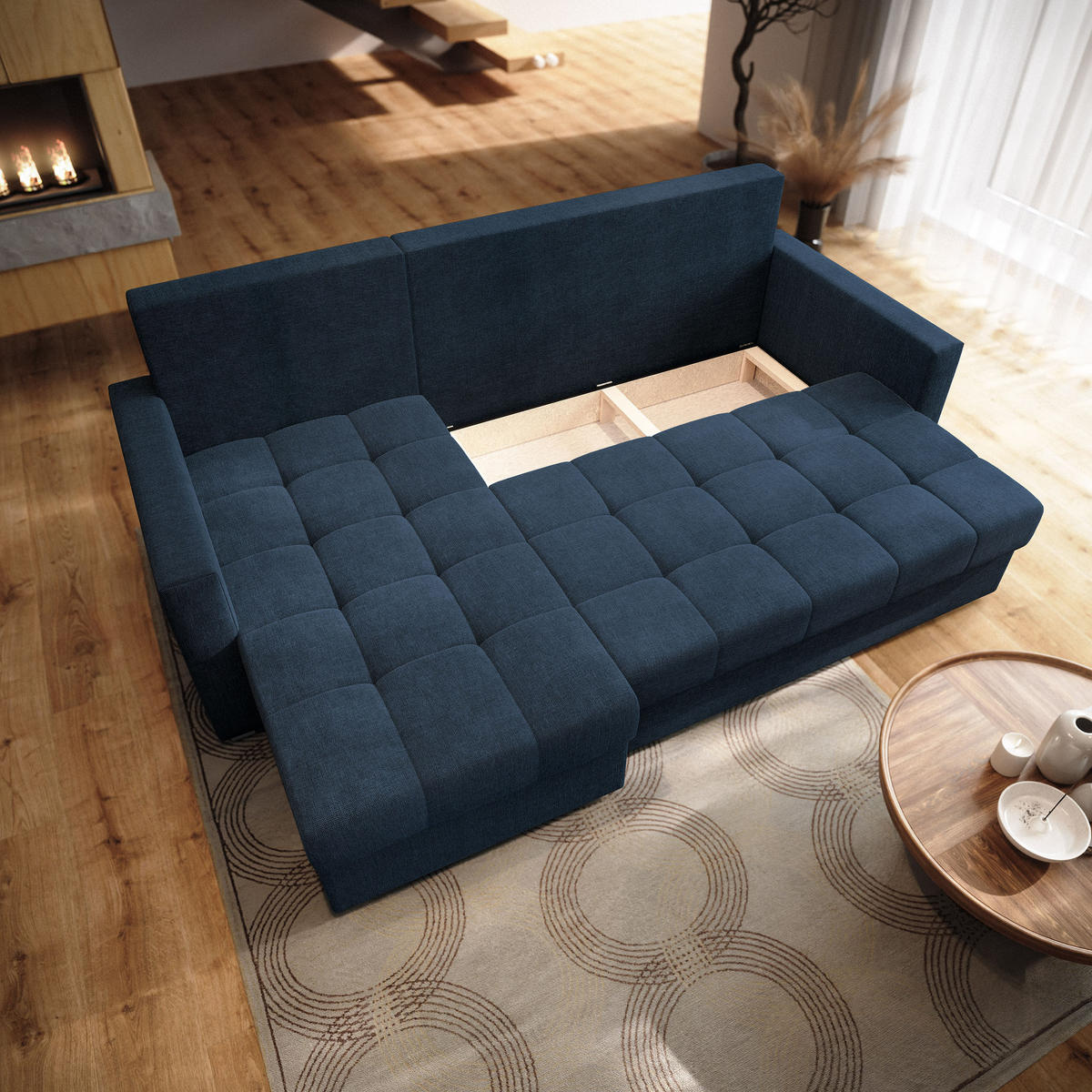 ECKSOFA NIDA Blau Geflochtener Stoff mit Schlaffunktion - Blau, Holz (220/143cm) - MASSENO