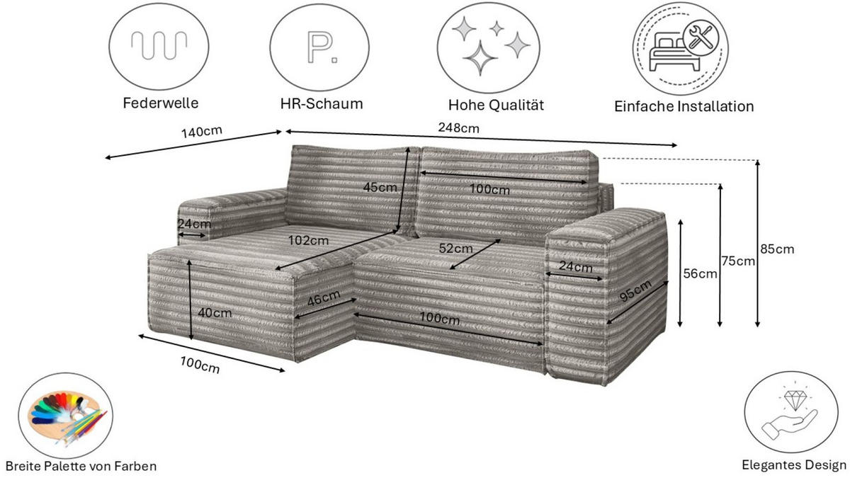 ECKSCHLAFSOFA Bohoo-Ecksofa mit Schlaffunktion stoff Velo Grau Rechts - Grau, Holz/Textil (248/140cm) - Kaiser Möbel
