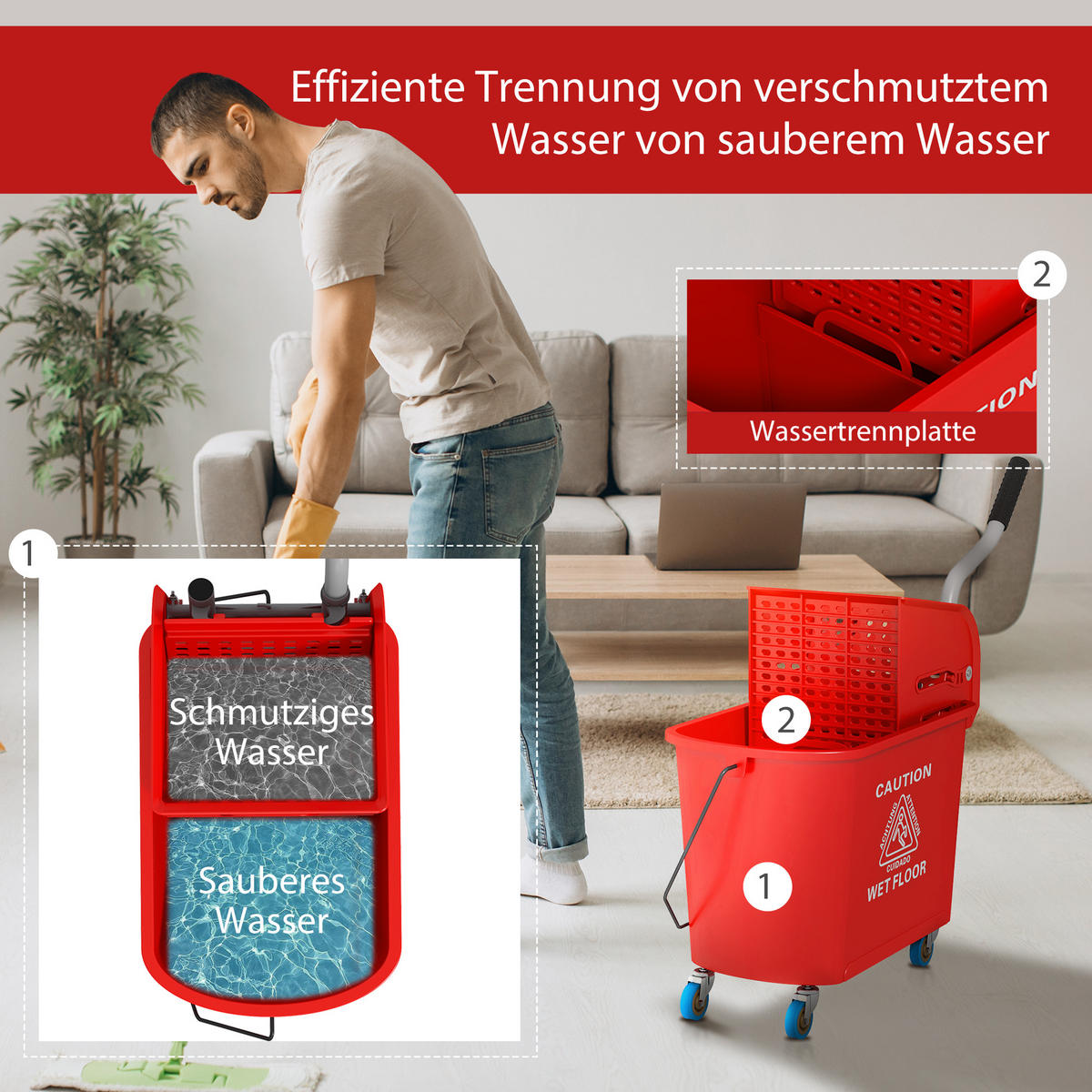 PUTZWAGE Kunststoff Rot - Rot, Kunststoff (27/70.5/60cm) - HOMCOM
