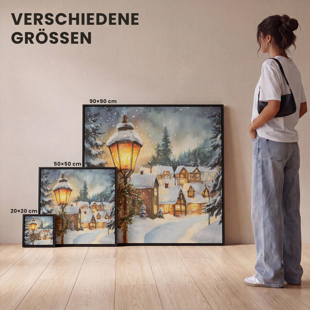 LEINWAND Bilder mit Rahmen - Weihnachtsdorf - Häuser - Schnee - Weihnachten - 20x20 - Sandfarben, Textil (20/20cm) - MuchoWow