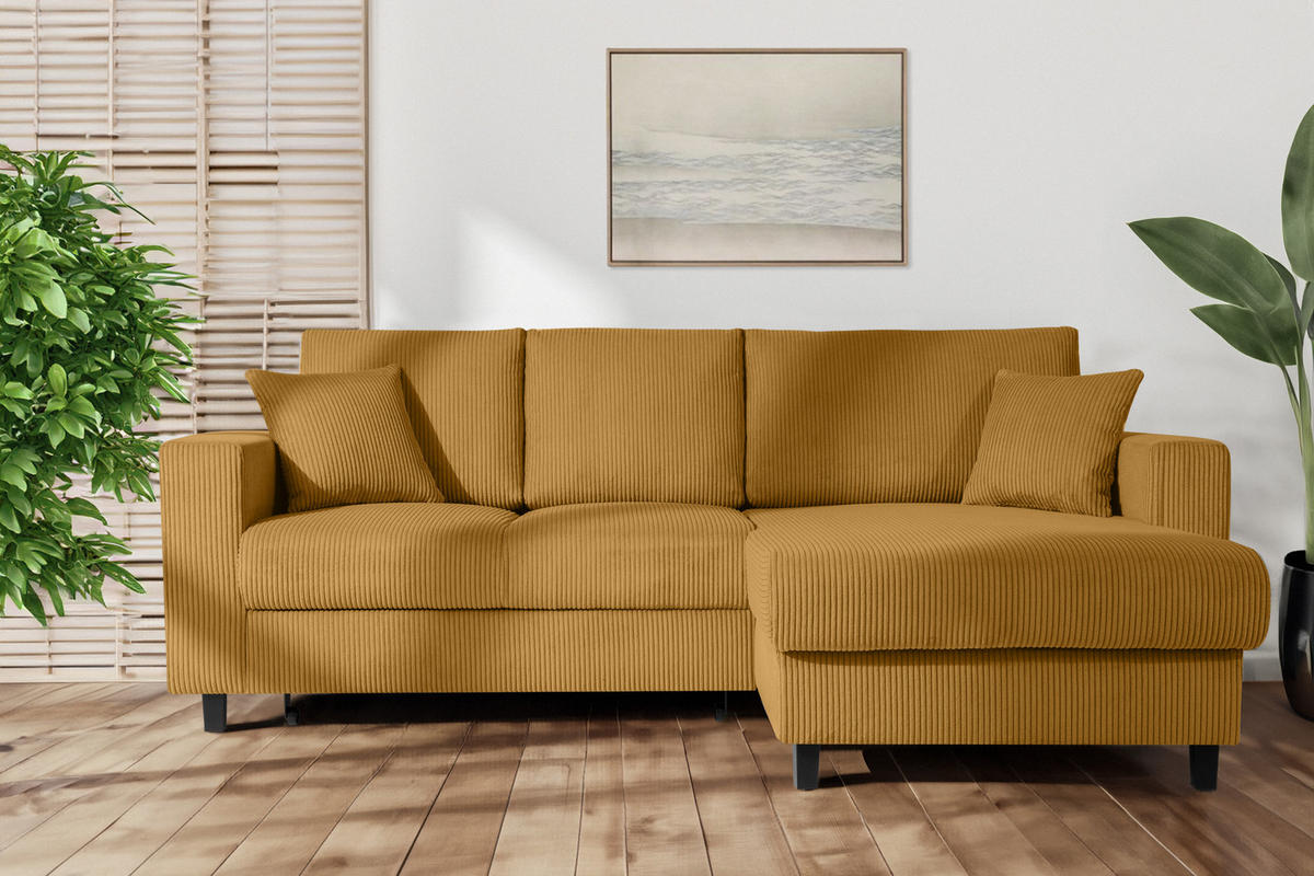 ECKSCHLAFSOFA EGRET Rechts mit Bettkasten, Cord-Stoff, gelb - Gelb, Textil (234/90cm) - KONSIMO®