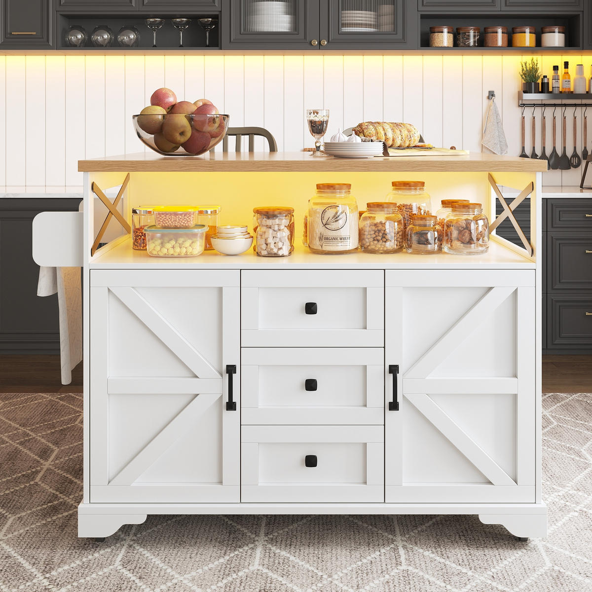 KÜCHENINSEL in Weiß Servierwagen mit Klapptisch, App LED Beleuchtung, Snack Ablagen und Stauraum, B120/T71.5/H98cm - Weiß, Holzwerkstoff/Metall (120/98/43cm) - STILVORA