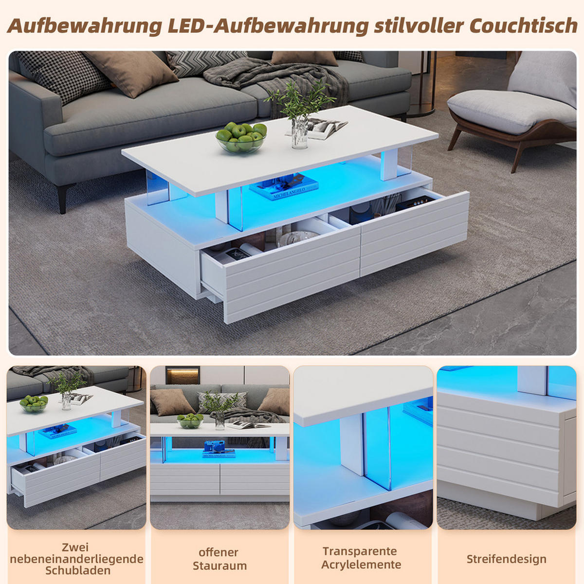 COUCHTISCH rechteckig LED mit Stauraum und Wireless Steuerung - Weiß, Holz (112.4/60.96/42.5cm) - FLIEKS
