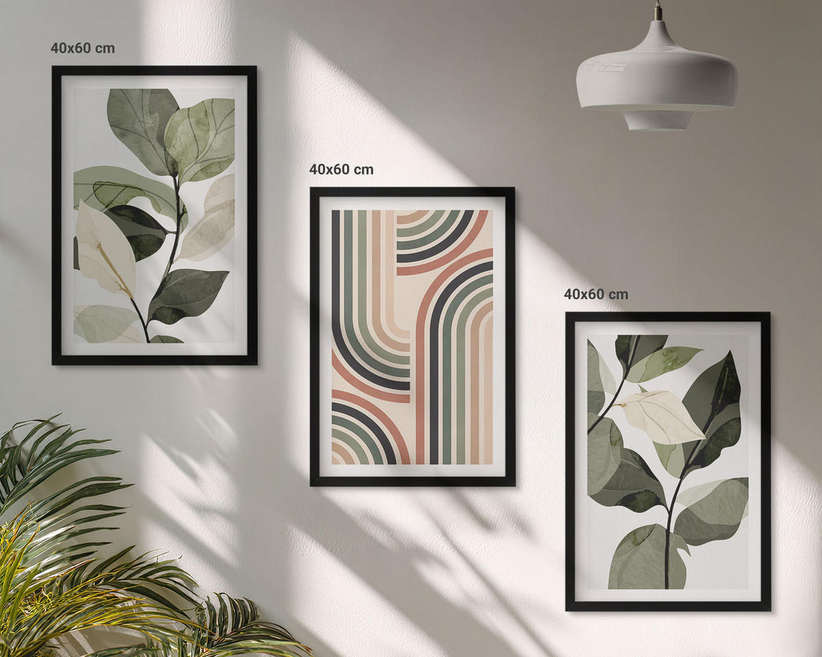 BILDER SET 3er Set - 40x60 cm Schwarzer Rahmen - Geometrische Pflanzenmotive - Schwarz, Kunststoff (40/60cm) - TULUP