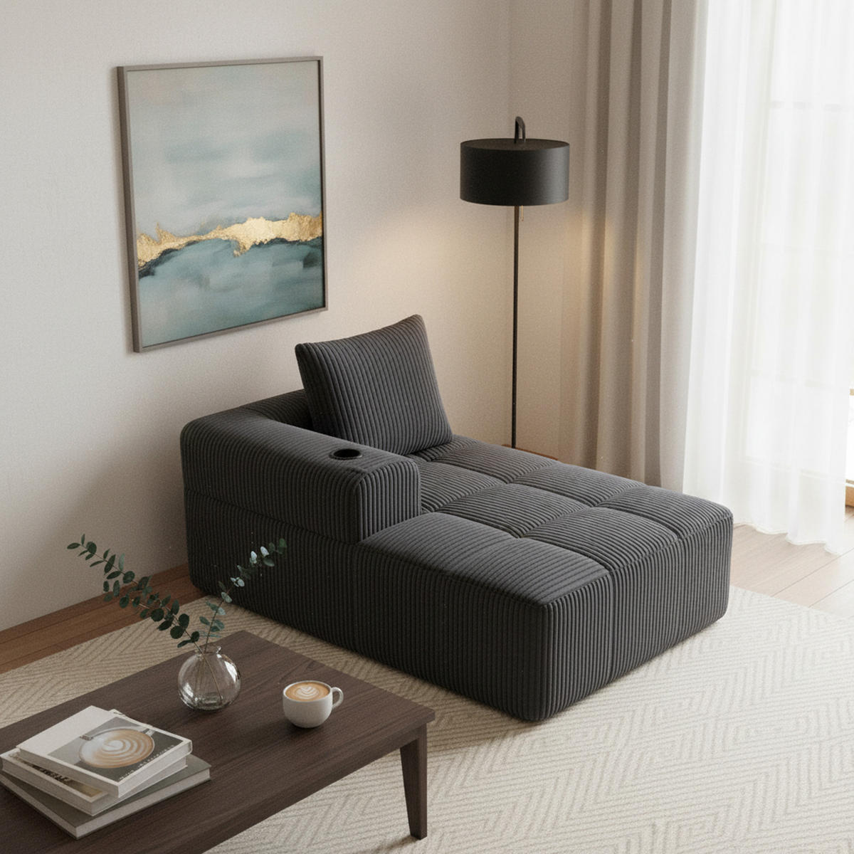 CHAISELONGUE in Cord (158 cm) mit Getränkehalter & Seitentaschen - Dunkelgrau, Textil (158/61/93cm) - Urban Meuble