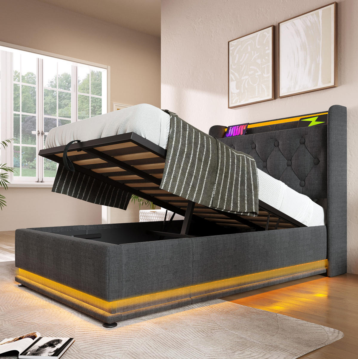 ČALÚNENÁ posteľ, 90/200 cm, sivá, ľanový vzhľad, LED, USB-C, úložný priestor, s matracom - sivá, textil (90/200cm) - BEAOK