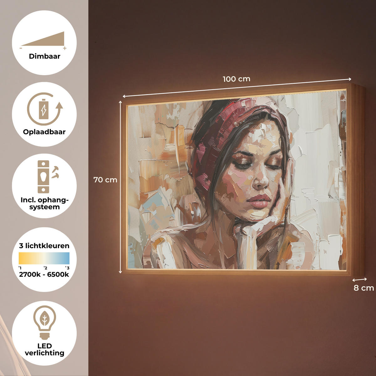 NÁSTĚNNÁ LAMPA S AKUMULÁTOREM Žena - vzhled malby - portrét - moderní 100x70 cm - hnědá, kompozitní dřevo (100/70/8cm) - OnlyWow