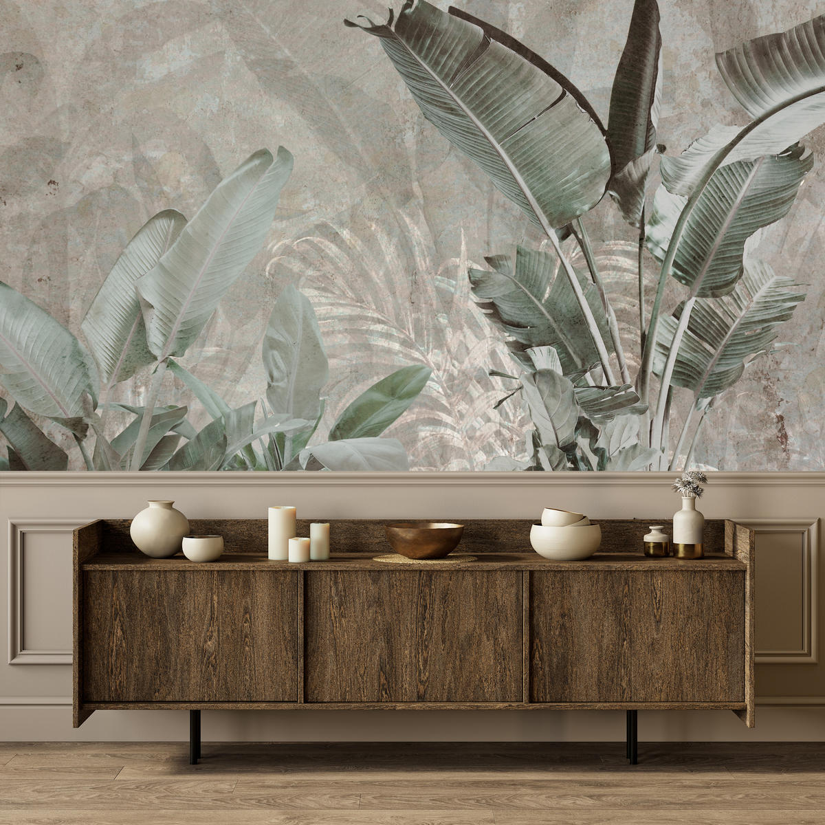 FOTOTAPETE für Büro Beton Bananenblätter Abstrakt Pflanzen Vintage 350x256 - Beige/Braun, Papier (350/256cm) - Muralo