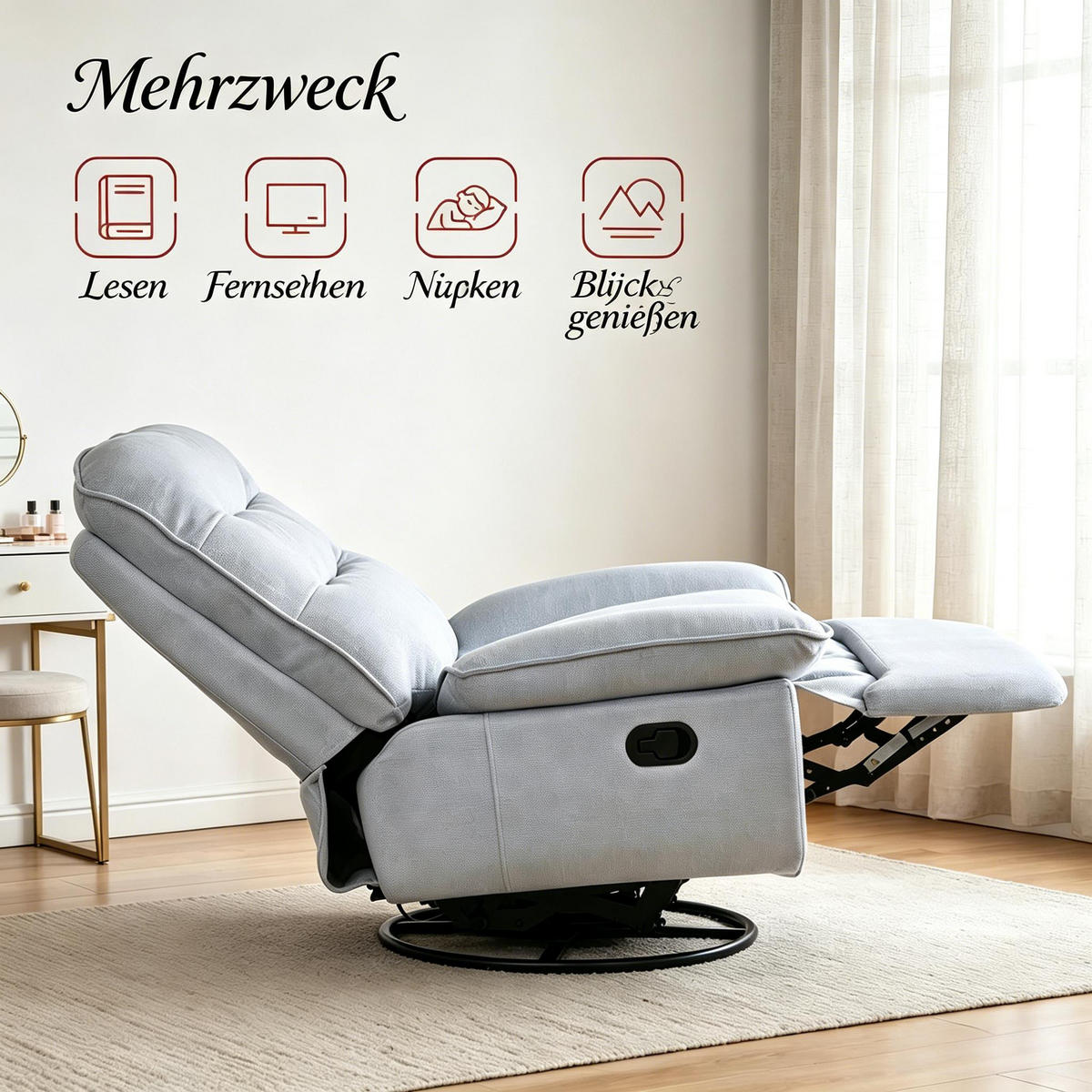 RELAXSESSEL 360° drehbar mit Fußstütze und Stauraum, DE-42187, Hellgrau - Hellblau, Metall (49.5/106/95cm) - ComfortXL