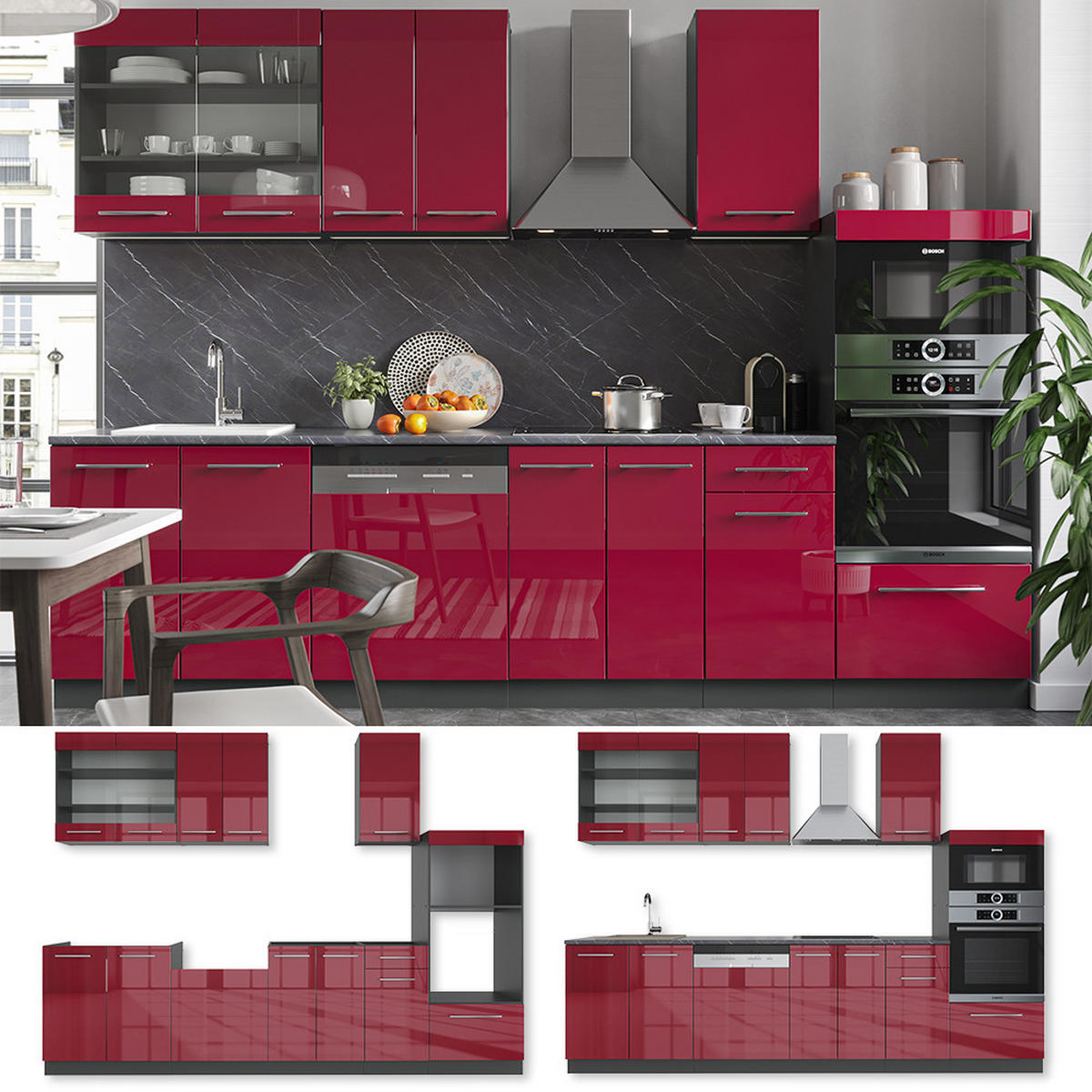 KÜCHENZEILE Fame-Line Bordeaux Hochglanz/Anthrazit 300 cm AP Eiche - Bordeaux/Anthrazit, Holzwerkstoff (300/81.6/60cm) - Vicco