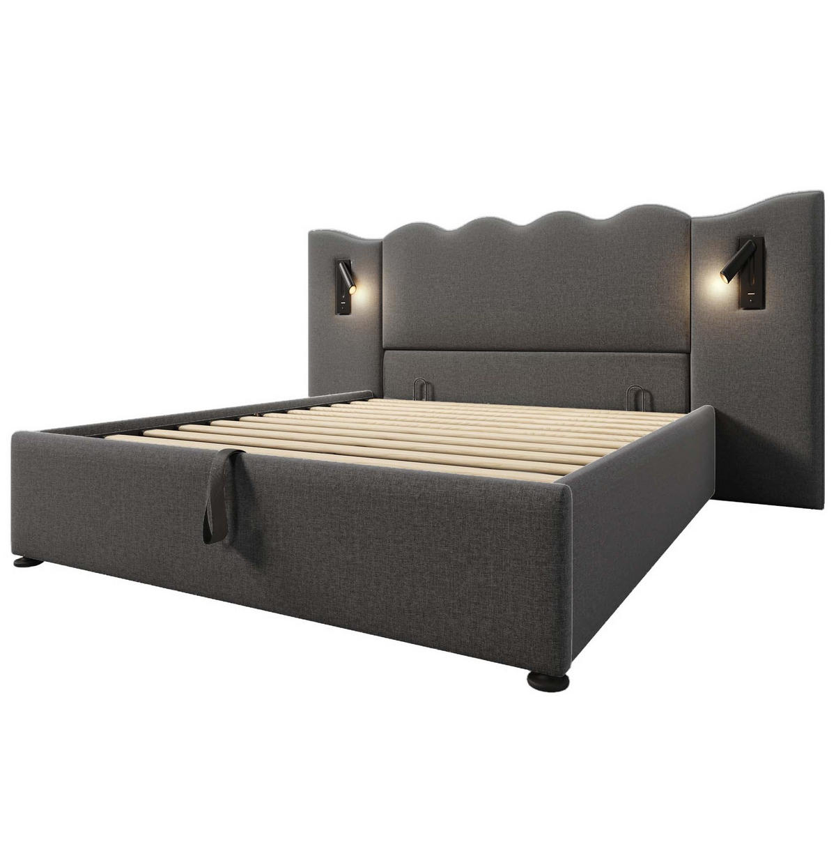 POLSTERBETT 160/200 cm Grau mit Leselampe und USB Type-C Ladefunktion mit Matratze - Grau, Textil (160/200cm) - OKWISH