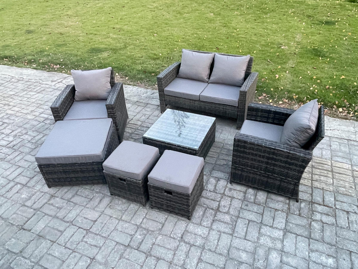 GARTENMÖBEL-SET mit Kissen Polyrattan Dunkelgrau 7-Sitzer - Dunkelgrau, Metall - Fimous