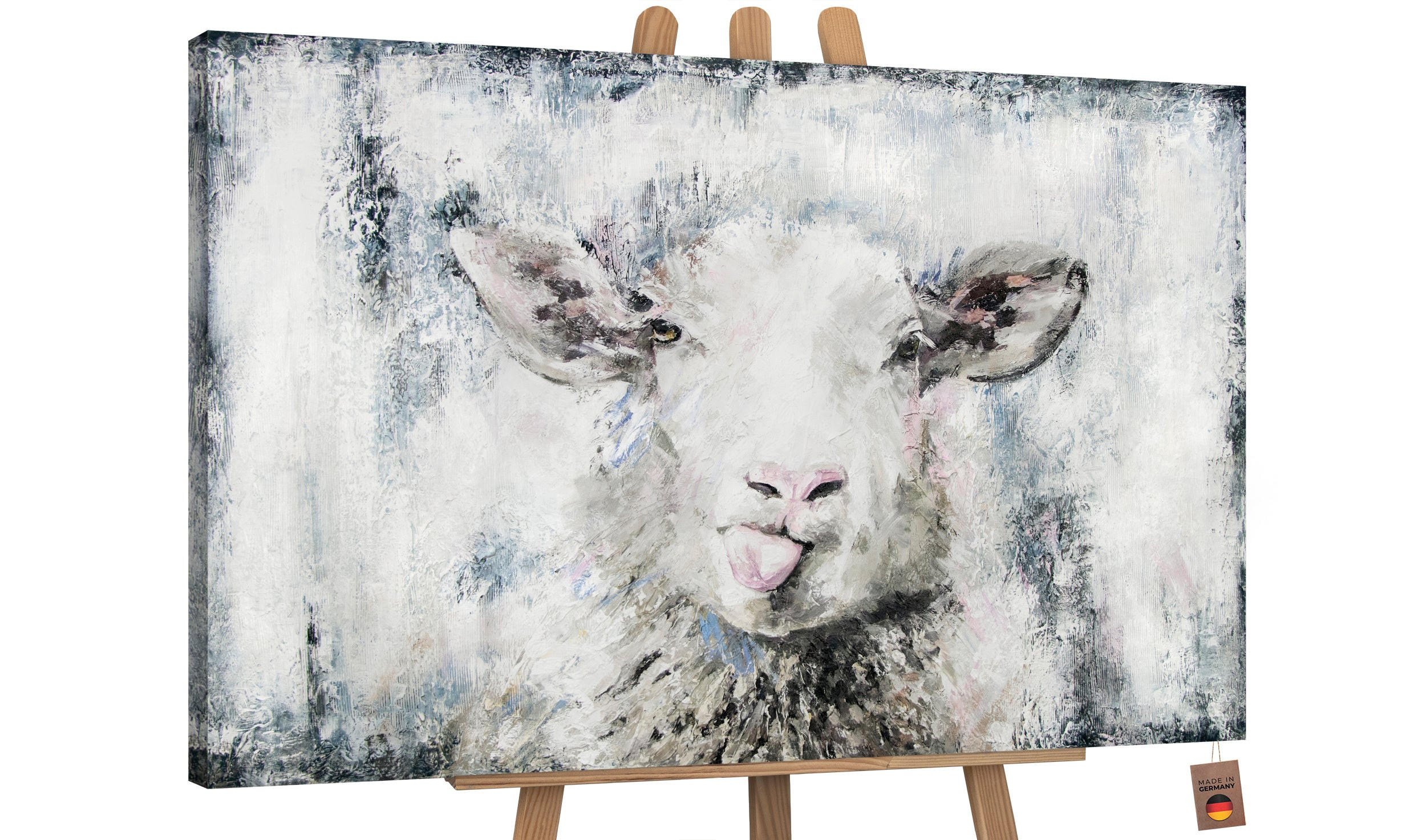 GEMÄLDE Glückliches Schaf auf Keilrahmen 120x80 cm - Grau, Holz (120/80cm) - YS-art gallery