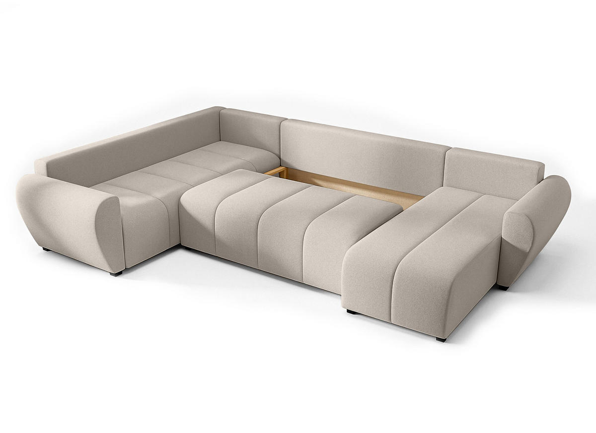 WOHNLANDSCHAFT Malatya U Form MAX Beige 311/145/82 cm mit Schlaffunktion - Beige/Schwarz, Kunststoff/Textil (303/82/208cm) - AX Living