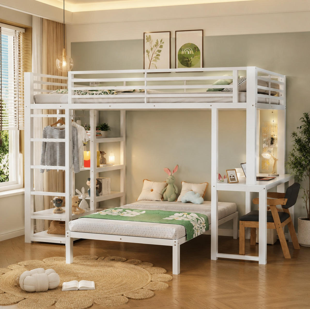ETAGENBETT 90/200 cm Weiß mit Schreibtisch und Kleideraufbewahrung - Weiß, Metall (90/200cm) - MIVRAY