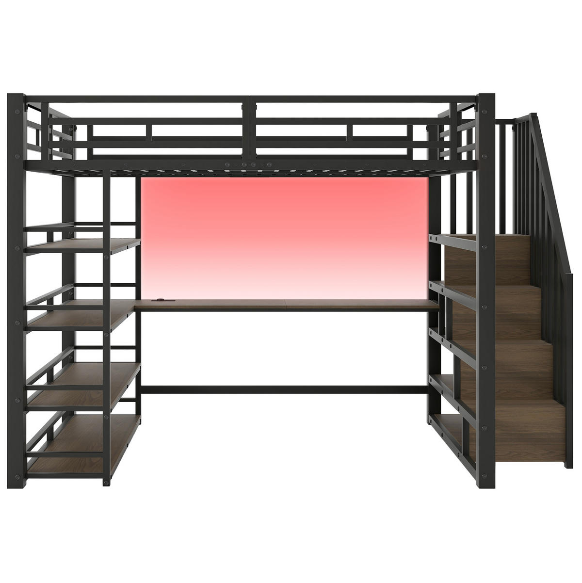 VYVÝŠENÁ posteľ 140/200 cm čierna z kovu a MDF s písacím stolom, schodmi, policami, LED osvetlením a USB - čierna, kompozitné drevo (140/200cm) - OKWISH