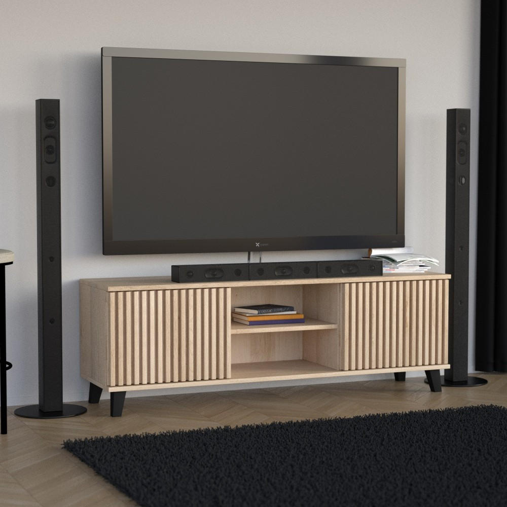 LOWBOARD Home mit 2 Türen und Lamellen, ohne Griffe, eiche Artisan - Schwarz/Eiche Artisan, Holzwerkstoff (150/50/40cm) - Beautysofa