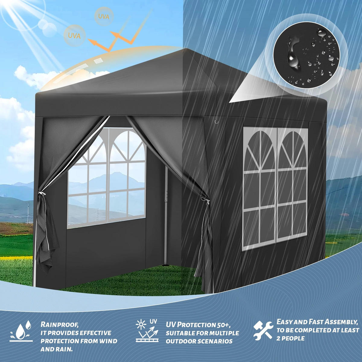 PAVILLON 2x2 m Anthrazit mit 4 Seitenwänden - Anthrazit, Textil/Metall (200/200cm) - Kaket