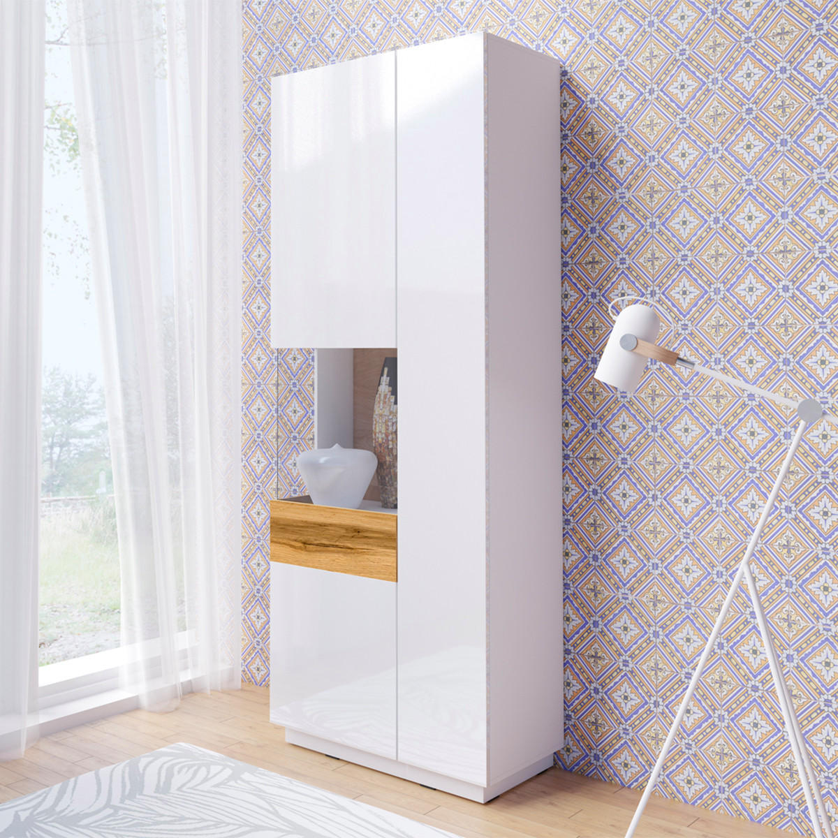 VITRÍNA Andrea Bílá a dřevo - bílá, kompozitní dřevo (80/207/40cm) - Petits-meubles