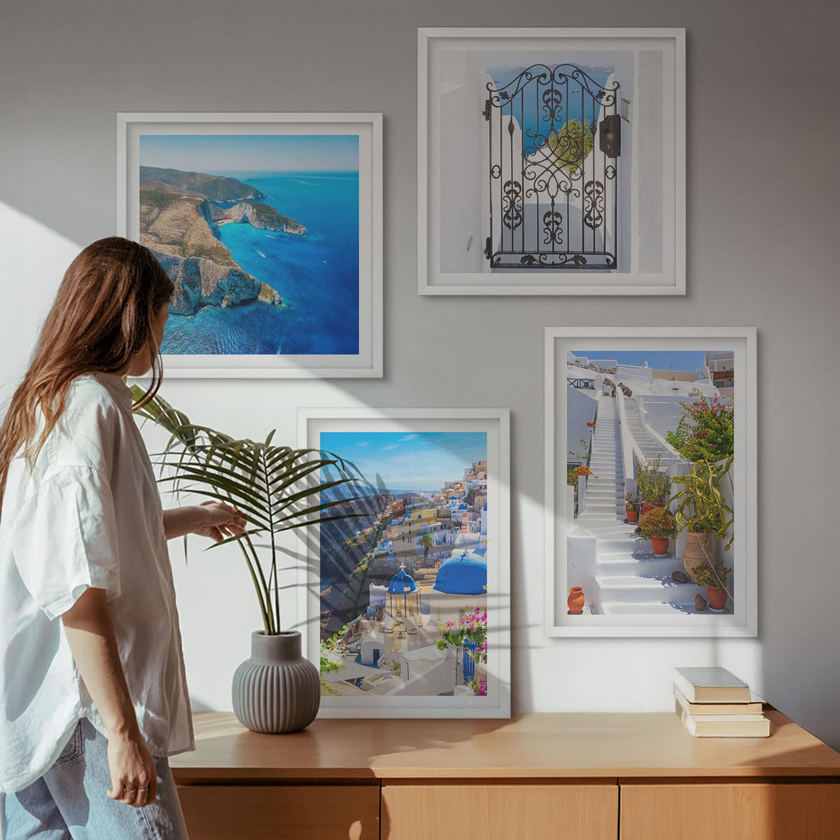 WANDBILDER 4er-Set - 50x50 cm & 40x60 cm Weißer Rahmen - Griechische Architektur auf Santorin, Oia - Weiß, Kunststoff (50/50cm) - ArtPrintCave