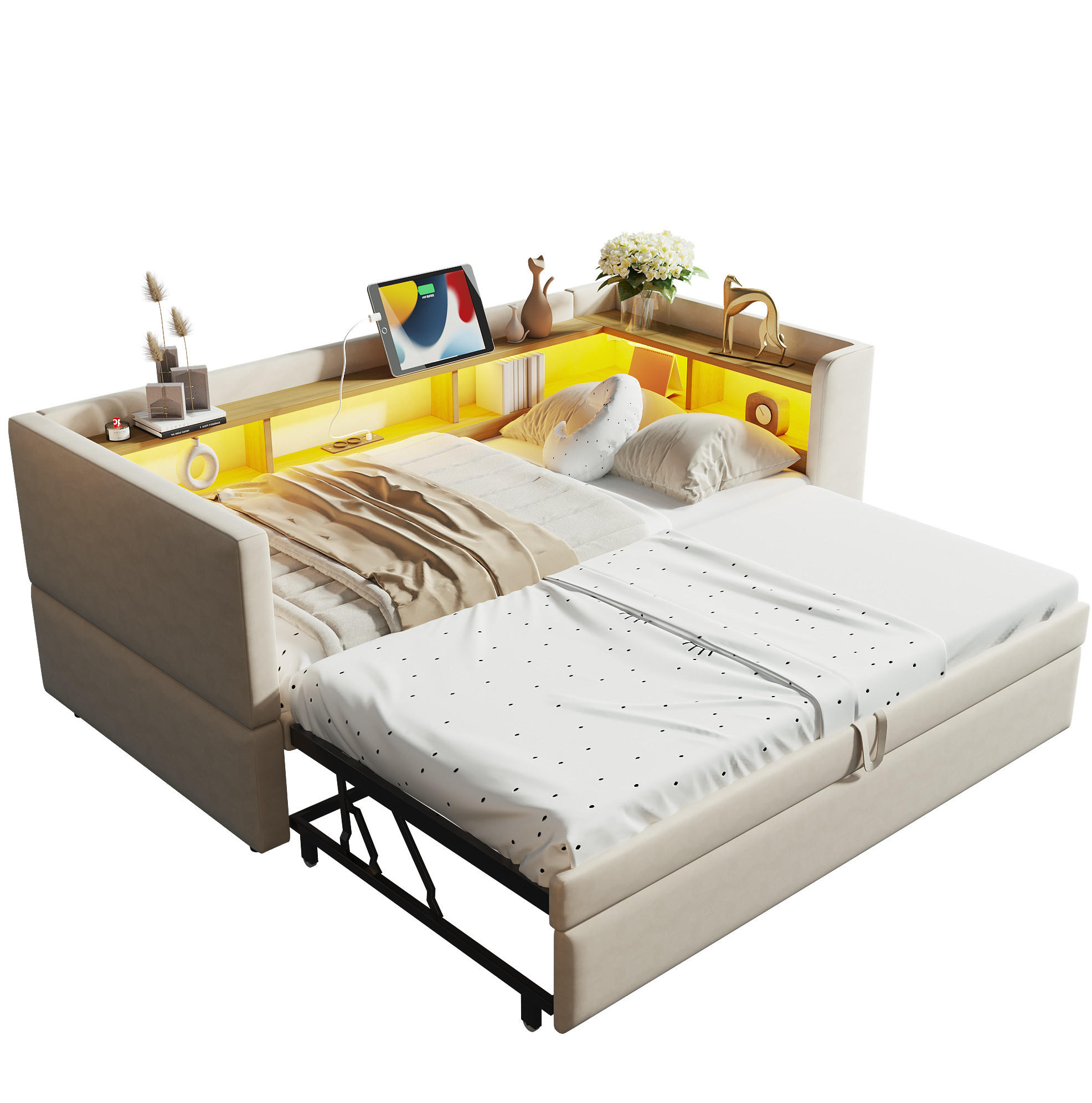 OKWISH ROZKLÁDACÍ pohovka 90/180x190 cm béžová z flanelu s LED osvětlením a úložnými přihrádkami