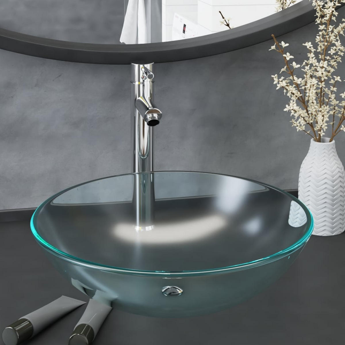 WASCHBECKEN mit Waschtischarmatur Lavigne 42/42/13 cm - Hellgrau, Keramik (42/13/42cm) - Nettlife