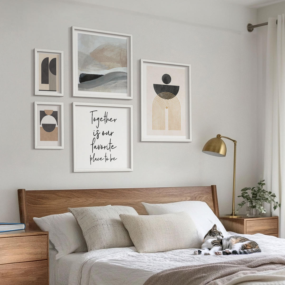 BILDER SET 5er Set - 50x50 cm & 20x30 cm & 40x60 cm Weißer Rahmen - Abstrakte Formen beige braun - Weiß, Kunststoff (40/60cm) - TULUP