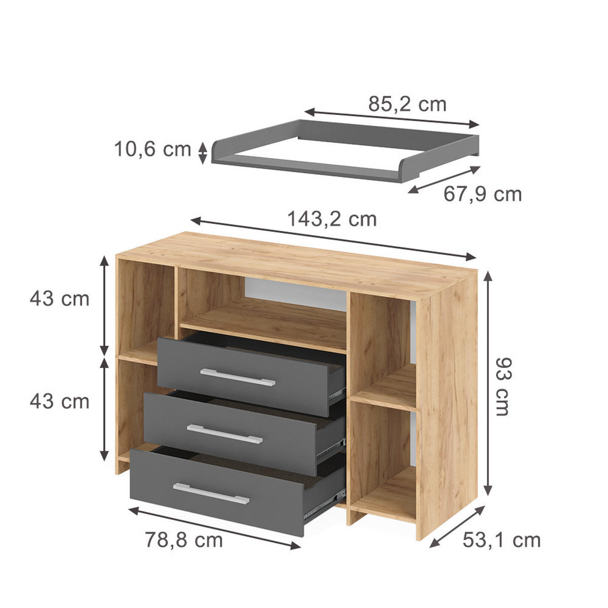 WICKELKOMMODE Oskar Anthrazit/Sonoma 143 x 100 cm XL mit Schubladen - Anthrazit/Sonoma Eiche, Holzwerkstoff (143/100/70cm) - Vicco