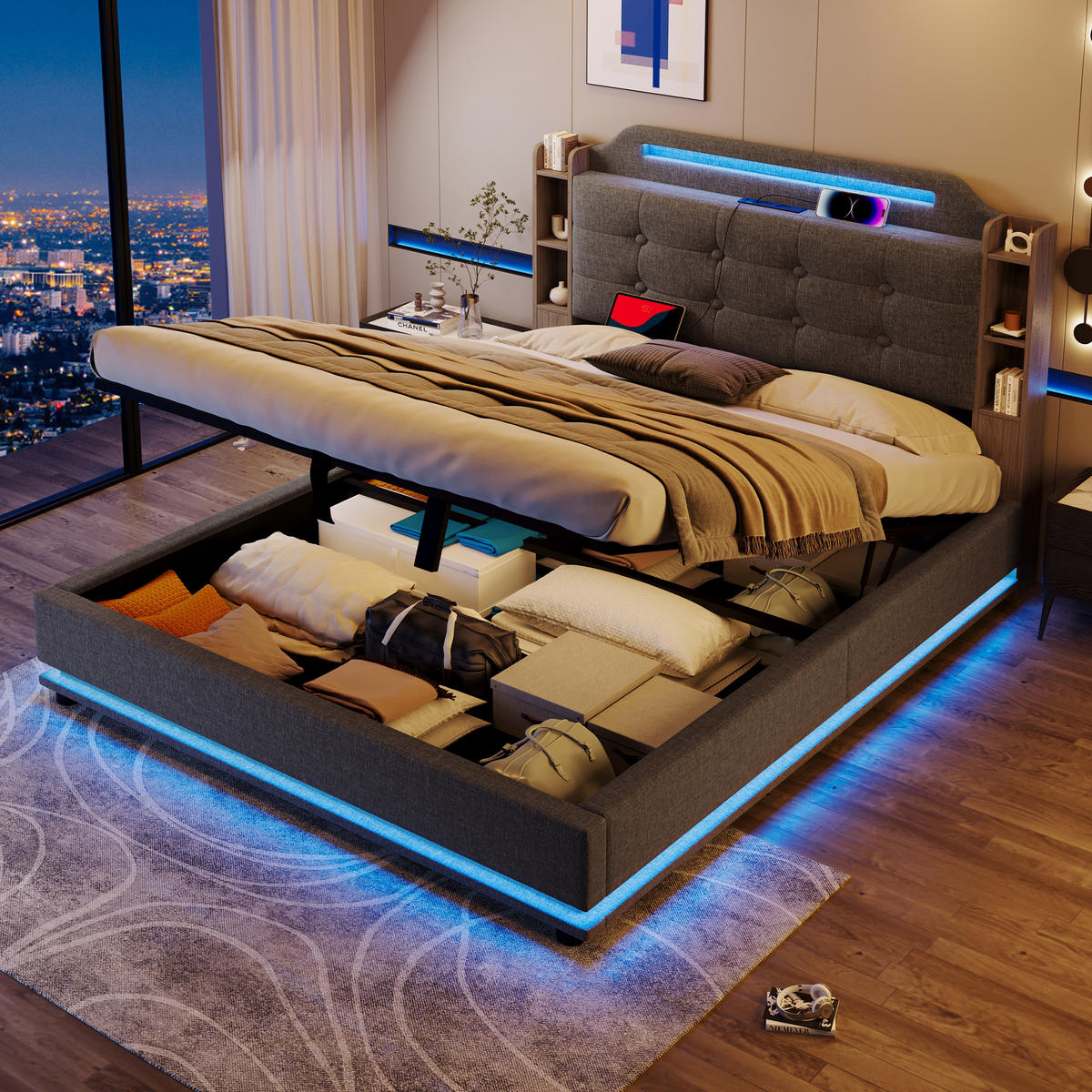 POLSTERBETT 140x200cm Grau Leinen LED-Licht Hydraulik USB-C - Grau, Holz (140/200cm) - FLIEKS