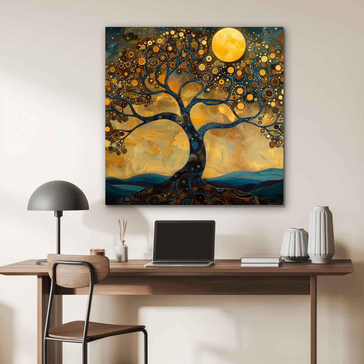 METALLBILD Baum - Mond - Blumen - Gold - Kunst 90x90 cm - Orange, Metall (90/90cm) - MuchoWow
