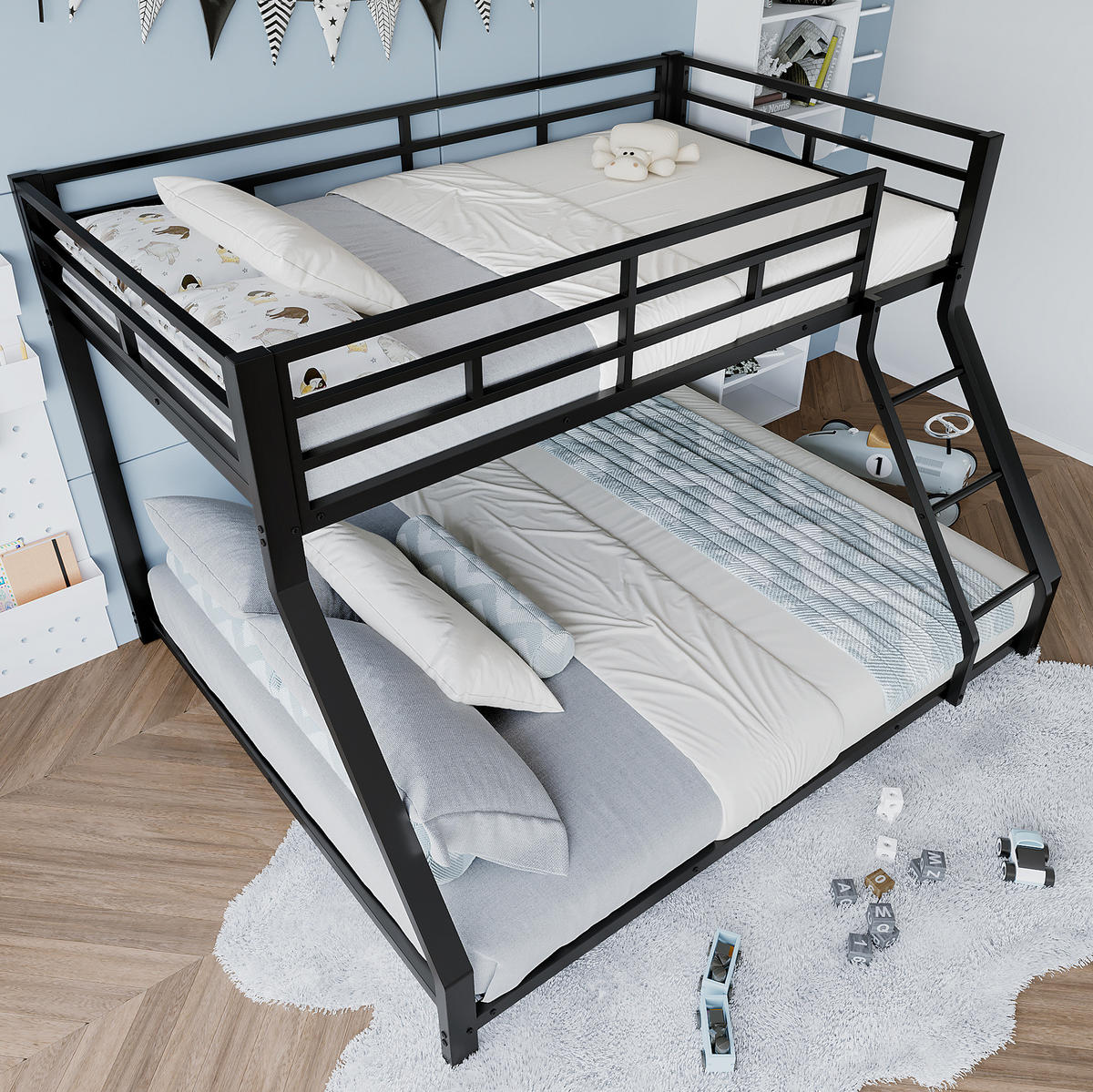 ETAGENBETT aus Metall 90x200 cm und 140x200 cm Schwarz mit Treppe, Geländer und EN747-Zertifizierung - Schwarz, Metall (90/200cm) - Modfu
