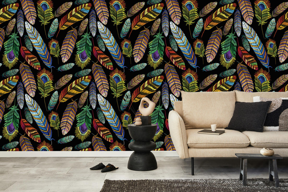 VLIESTAPETE Tropische Federn – Bunt, Schwarz – 50x1000 cm - Multicolor/Schwarz, Papier (50/1000cm) - Muralo