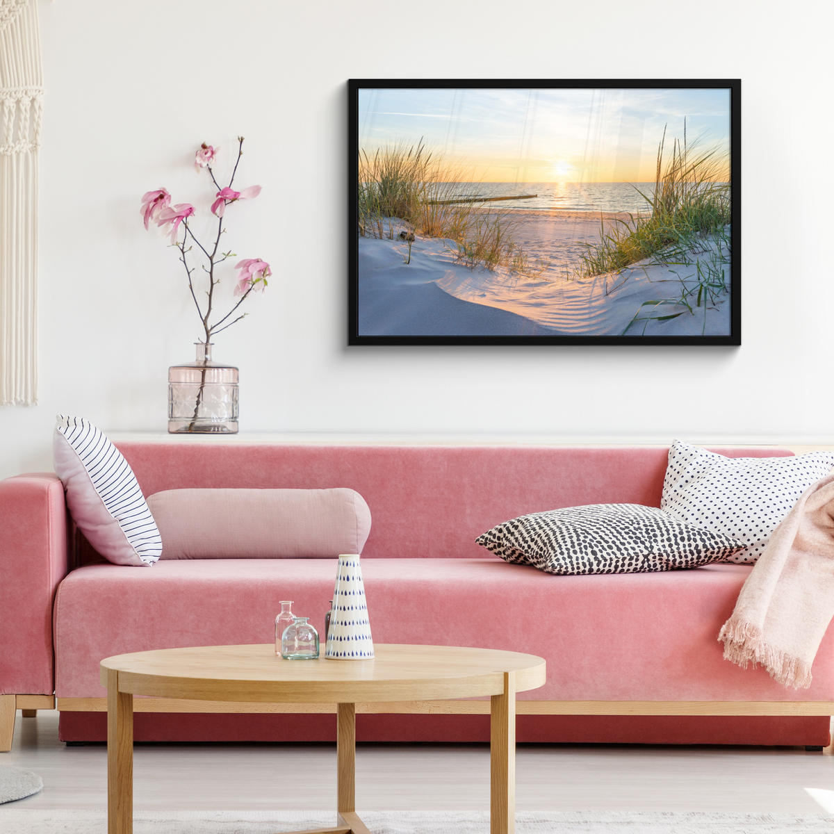 POSTER MIT RAHMENGERAHMTES BILD - Strand - Sonne - Düne - Gras - Sand - Horizont - 90x60 cm - Hellblau, Papier (90/60cm) - MuchoWow