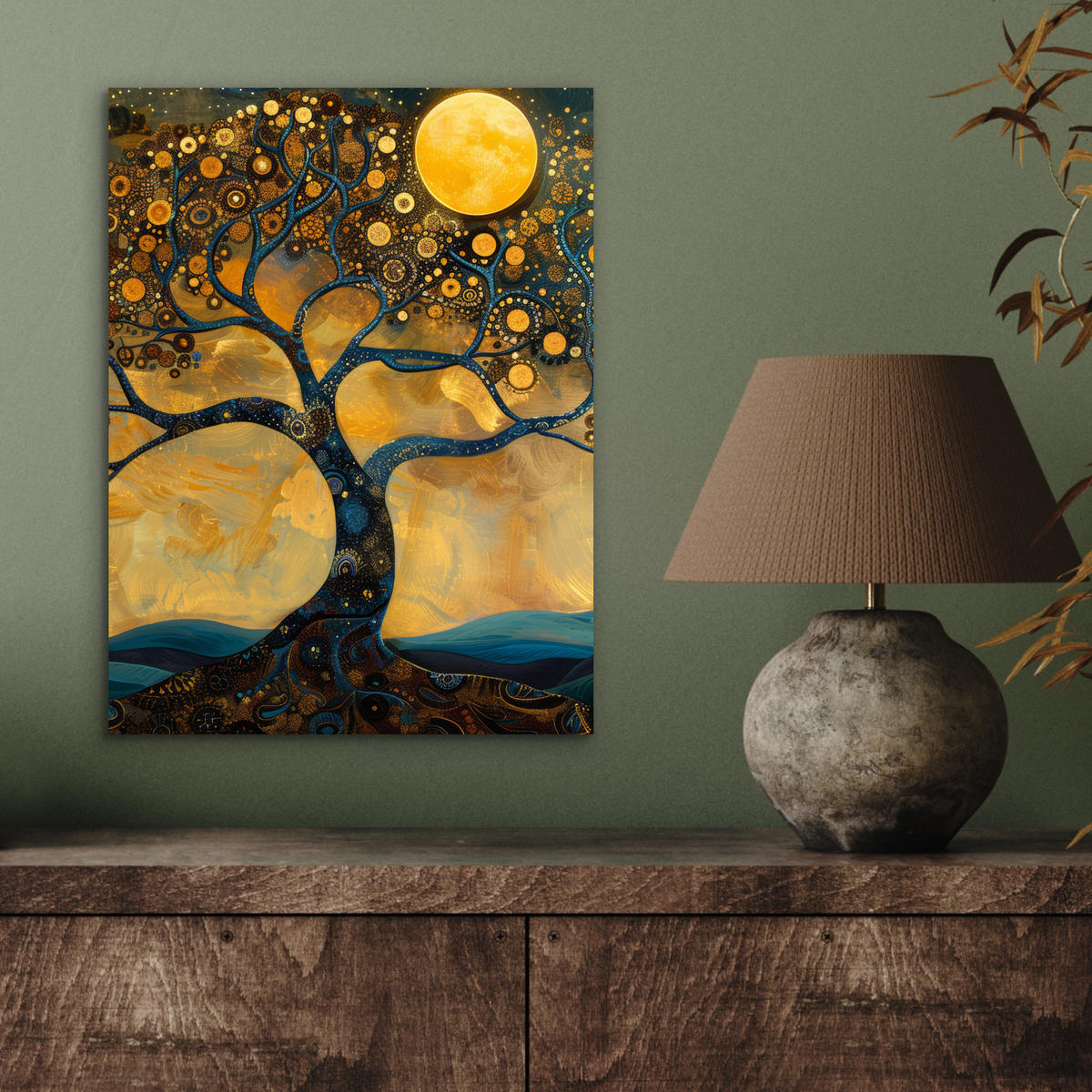 KOVOVÝ OBRAZ Strom - Mesiac - Kvety - Zlato - Umenie 30x40 cm - oranžová, kov (30/40cm) - MuchoWow