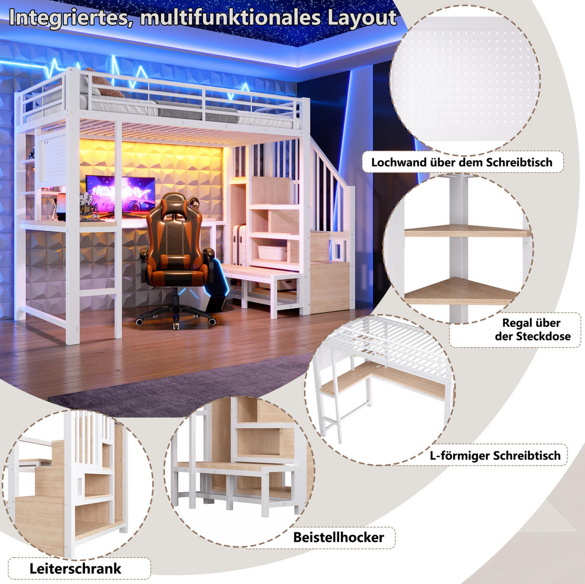 HOCHBETT 90x200 cm in Weiß mit Schreibtisch, Stauraumtreppe und LED-Beleuchtung - Weiß, Holzwerkstoff (90/200cm) - IVMEU