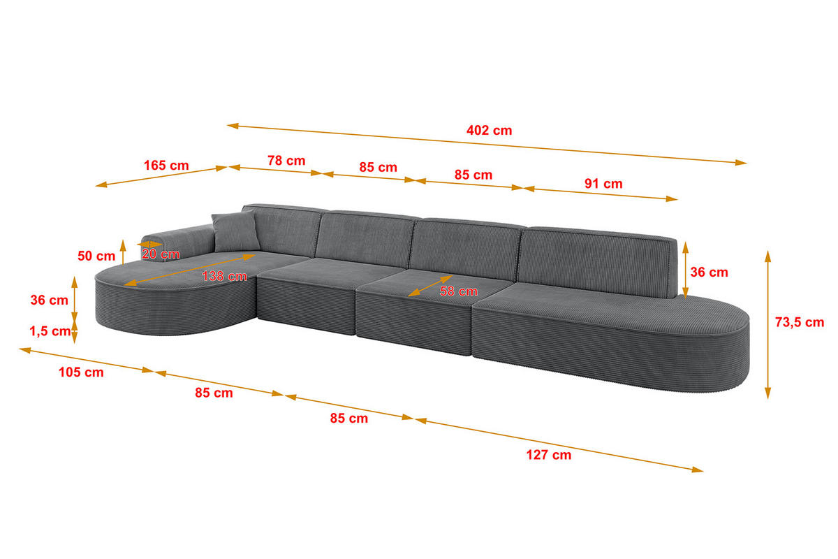 ECKSOFA Ottomane Links MARI-L3 - 402x163x73,5 cm Dunkelgrau Cord - Dunkelgrau/Schwarz, Holzwerkstoff/Kunststoff (165/406cm) - ALTDECOR