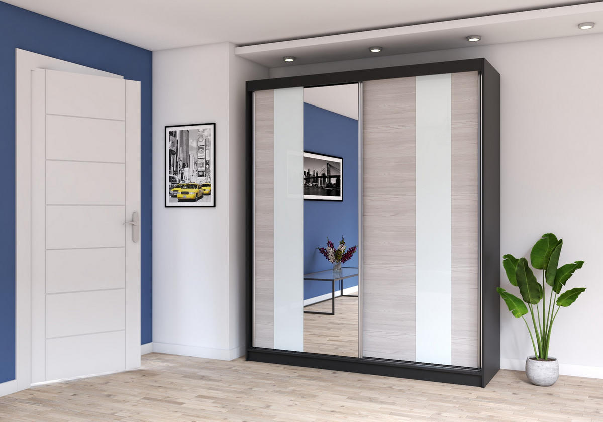 SCHWEBETÜRENSCHRANK Multi 32 Schwarz/Kathult Weiß + Spiegel 233cm - Alufarben/Schwarz, Glas/Holzwerkstoff (233/218/61cm) - imoebel24