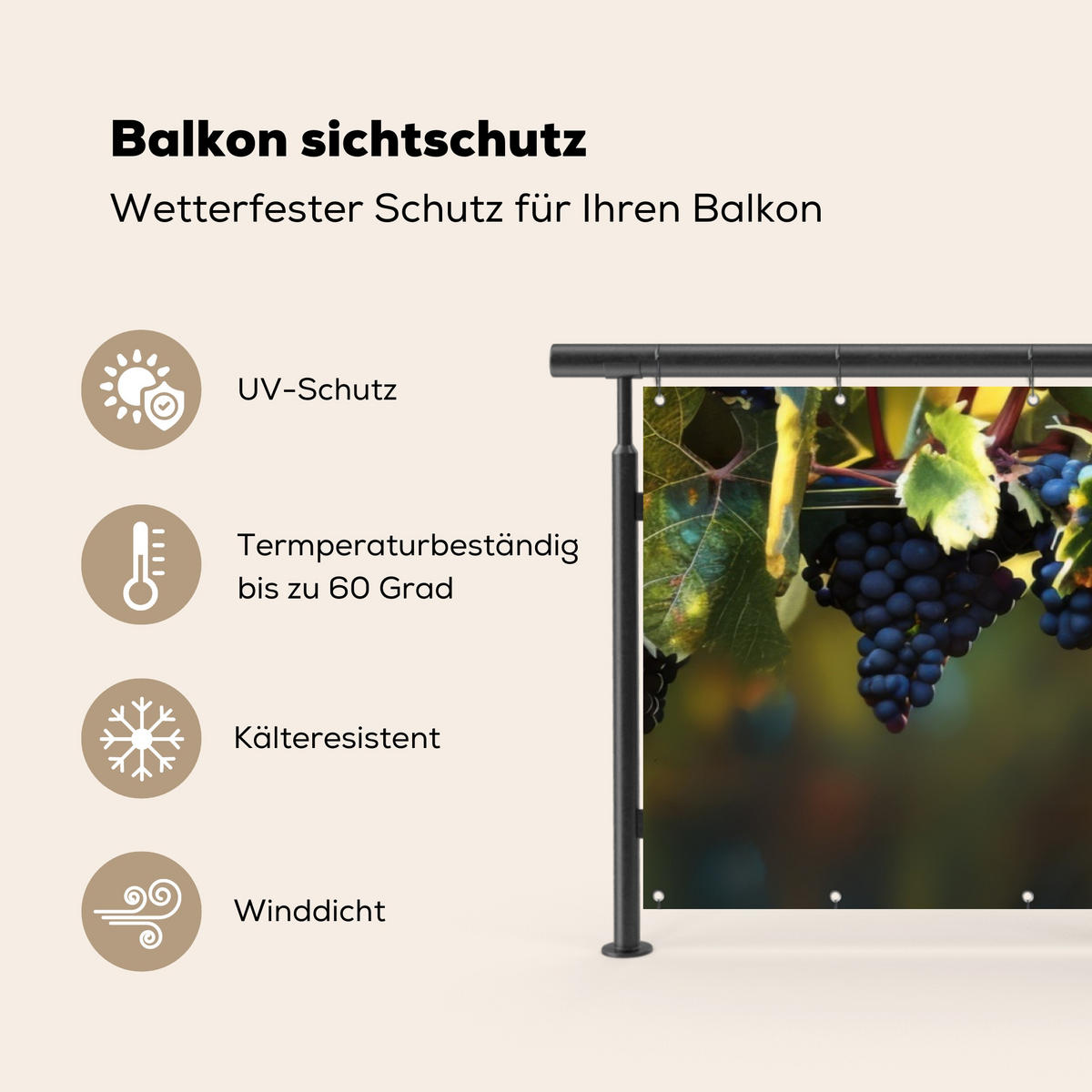 BALKON-SICHTSCHUTZ Trauben - Wein - Natur - Grün - Weinrot, Kunststoff (300/95cm) - MuchoWow