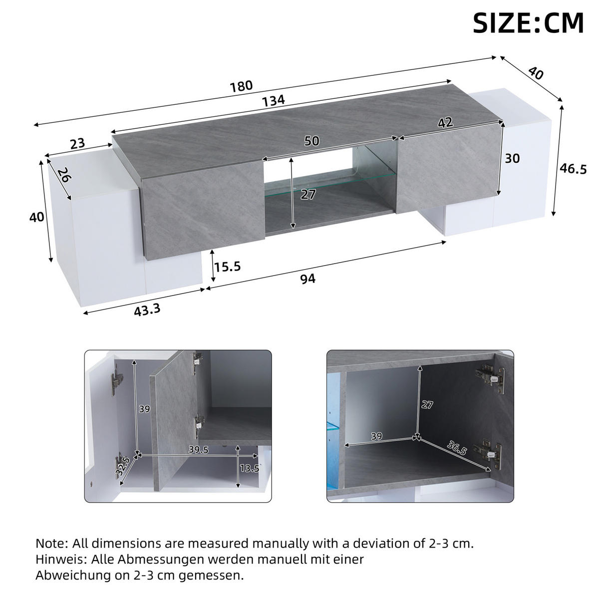 TV-LOWBOARD aus MDF 180x40x46,5 cm Weiß/Grau mit Bluetooth-LED, Hartglas-Ablage und 4 Türen - Weiß, Holzwerkstoff (180/46.5/40cm) - Modfu